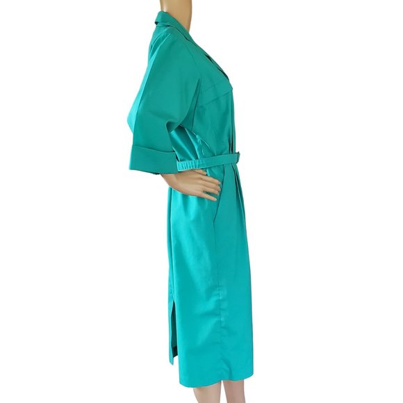 Vintage 80s Shirt Dress Women's Medium Green Career Secretary Pockets Belt Midi - Picture 10 of 14